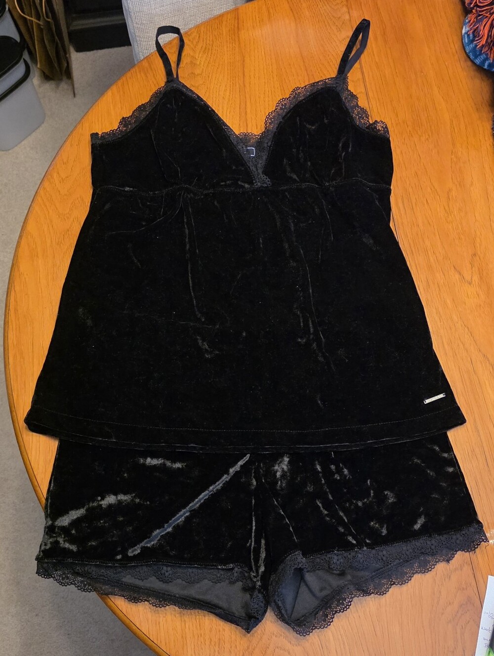 BCBGMaxAzria Black Velvet Lace-Trim Camisole & Short Set Sz S